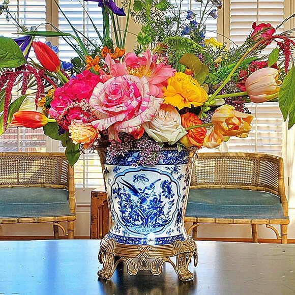 Blue, White Chinoiserie Porcelain Planter. Hand Painted. Bronze Accents (10"H) - Picture 1 of 9